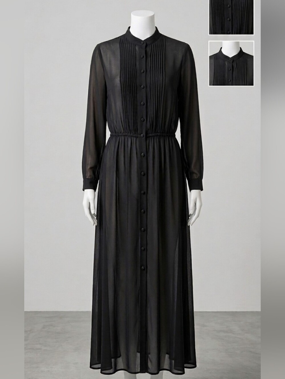 Vintage Ms. Chaus Sheer Black Maxi Dress | Pleated Tuxedo Bodice | Size 9/10